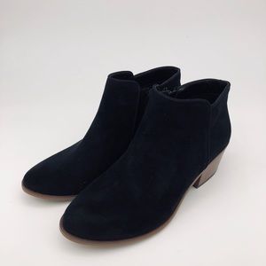 Amazon essentials microsuede black ankle boot.